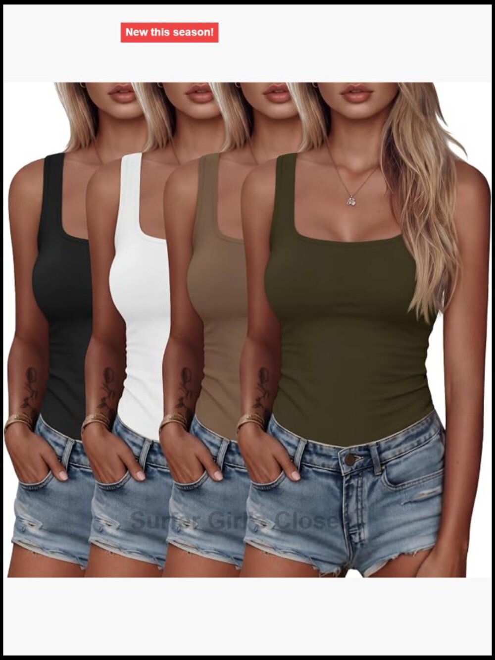 Pack of 4 Square Neck Tank Tops Sleeveless Fitted Stretch Cotton Blend